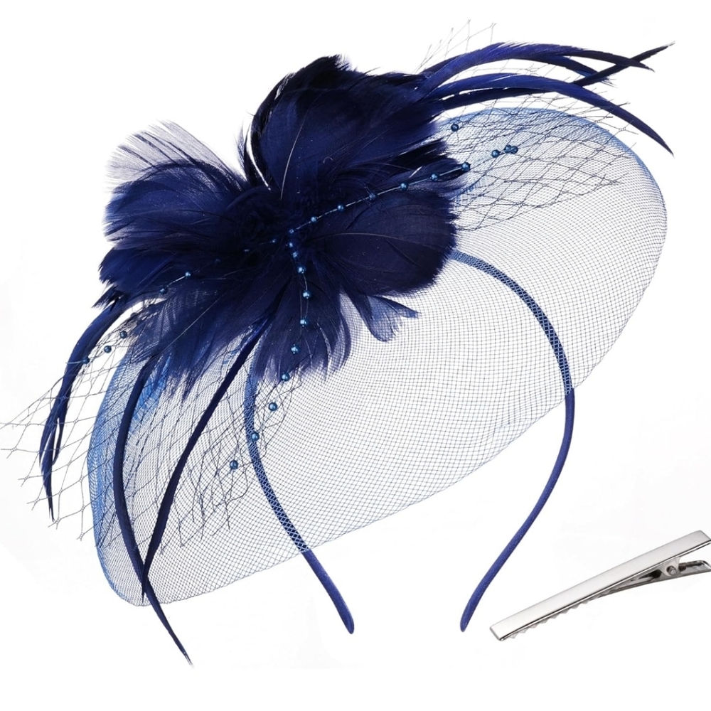 🐎NEW! Navy Blue Feathered Fascinator Hat - Picture 3 of 5